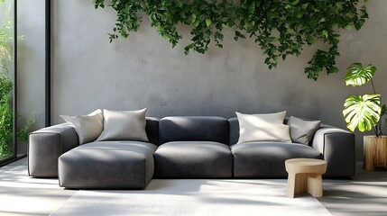 Modern Sectional Sofa with Wooden Stool and Greenery