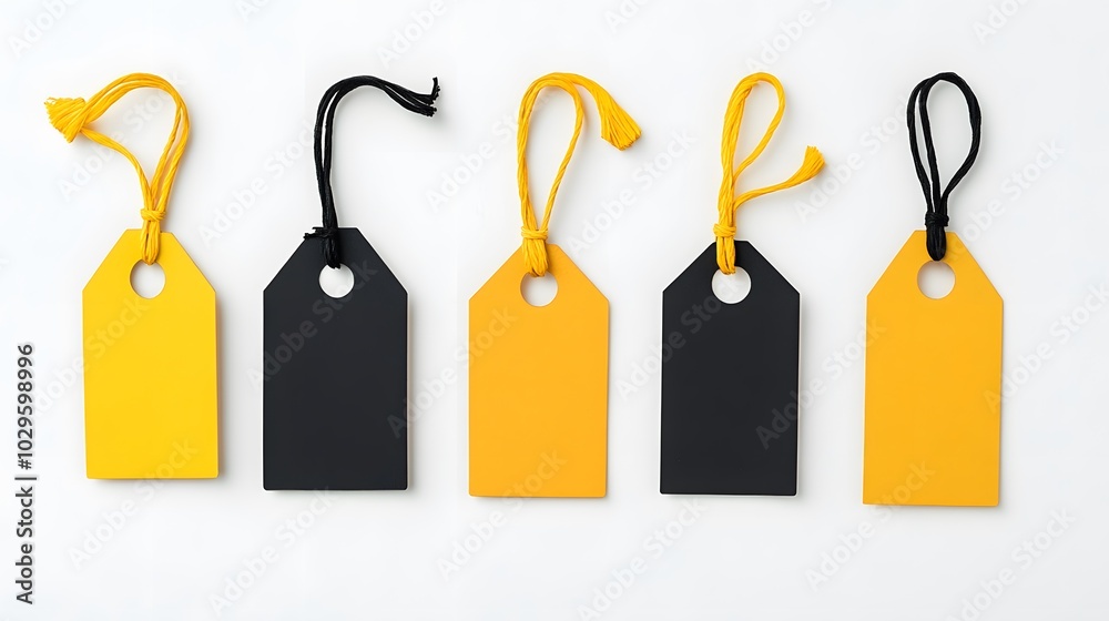 Sticker Set Five Blank Price Tags with Yellow and Black Strings