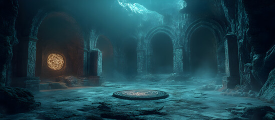 A dark, mysterious cave with a large, glowing orb in the center