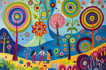 Children walking in colorful whimsical fantasy world illustration