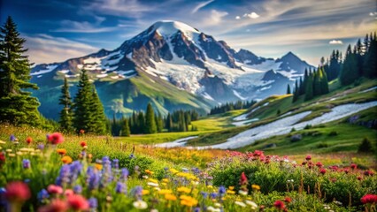 Fototapeta premium Summer Alpine Landscape with Snow-Capped Mountains: A Candid Photography Perspective