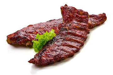 Raw pork ribs pieces isolated on white background.