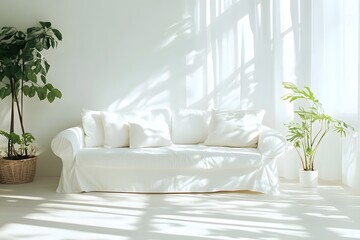 White Couch with Pillows and Plants in a Bright Room
