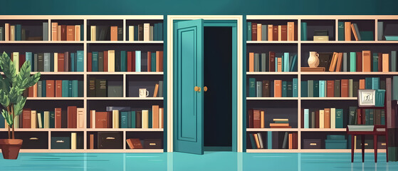 A blue door is open to a room full of bookshelves