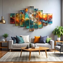 A bright living room showcasing colorful space art and abstract wall decor, adding a touch of simplicity and creativity. Generative AI