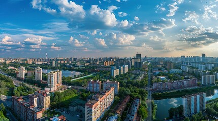 Fototapeta premium Aerial View of a Cityscape with Buildings, Trees, and a River