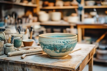 Handcrafted ceramic bowl with intricate design. Perfect for showcasing pottery, craft, and artisan work.