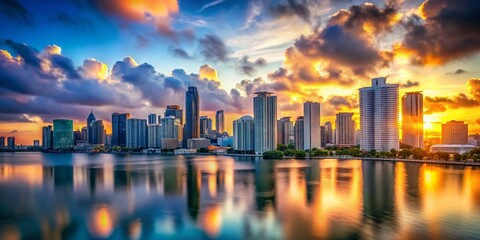 Obraz premium Sunrise Over Miami Skyline: Stunning Tilt-Shift Cityscape Photography