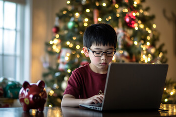 A child works on a laptop at home while a decorated Christmas tree glows in the background during a festive season