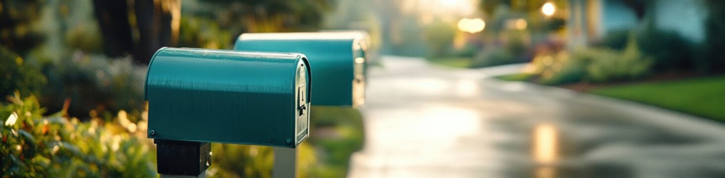 Row of green mailboxes lines a sunlit suburban street, evoking a sense of community, AI