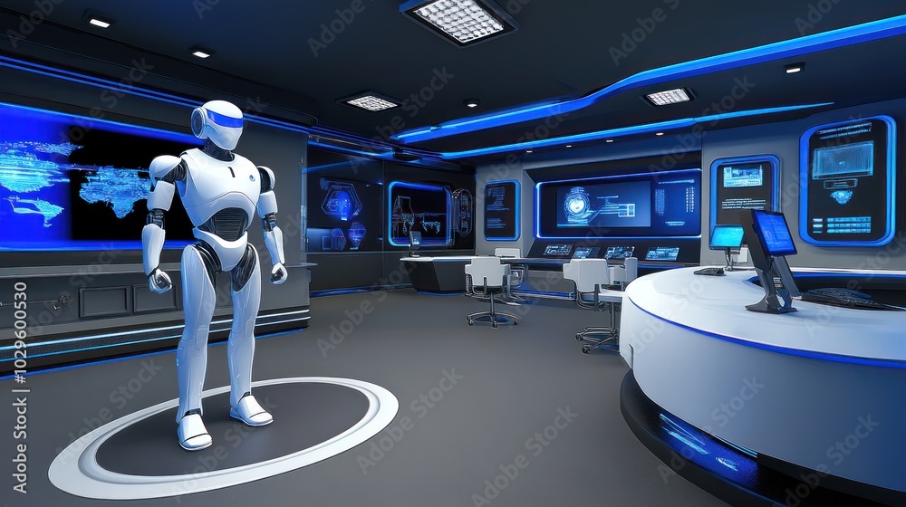 Aufkleber futuristic control room with a white robot standing on a platform