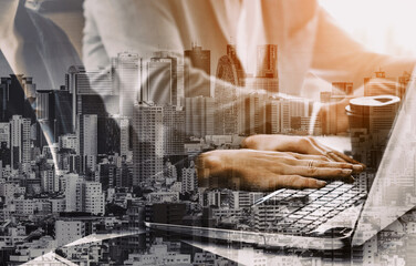 Double Exposure Image of Business Person on modern city background. Future business and communication technology concept. Surreal futuristic cityscape and abstract multiple exposure interface. uds