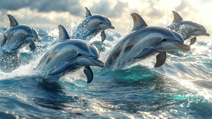 Dolphins Leaping Through Waves