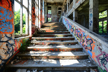 graffiti-covered stairwell in abandoned building, sunlight streaming through broken windows, debris scattered on steps