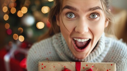 A woman with wide eyes and a huge smile is about to open a gift.  .