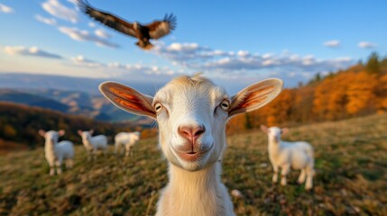Obraz premium Goat smiling in a scenic meadow with an eagle soaring above, AI