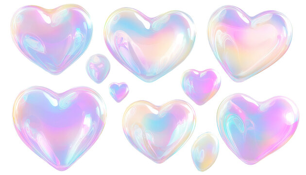 A set of heart shaped, translucent soap bubbles with iridescent reflections, floating in various sizes, isolated on transparent background