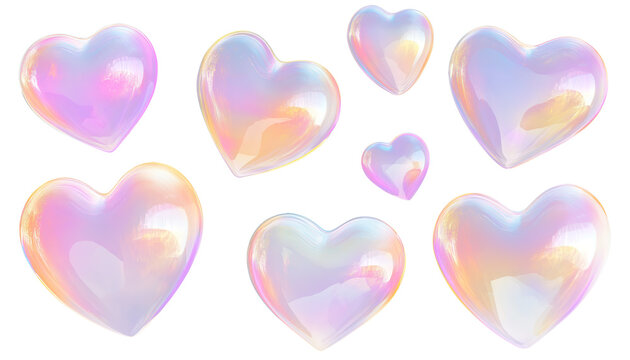 A set of heart shaped, translucent soap bubbles with iridescent reflections, floating in various sizes, isolated on transparent background