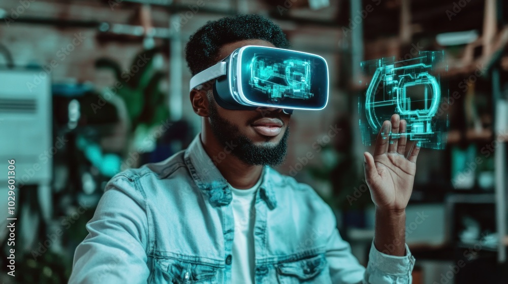 Aufkleber man experiencing virtual reality with holographic projection
