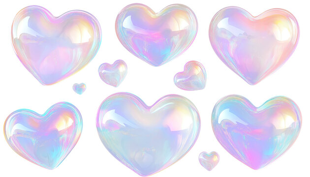 A set of heart shaped, translucent soap bubbles with iridescent reflections, floating in various sizes, isolated on transparent background
