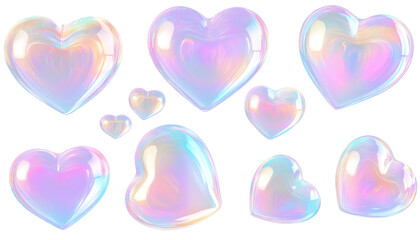A set of heart shaped, translucent soap bubbles with iridescent reflections, floating in various sizes, isolated on transparent background