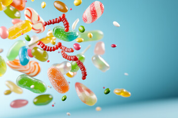 colorful candy explosion on vibrant blue background, featuring an array of gummy worms, jelly beans, and lollipops