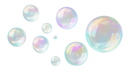 A set of round, translucent soap bubbles with iridescent reflections, floating in various sizes, isolated on a transparent background