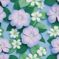 Obraz premium Photorealistic Horizontal Floral Pattern in Periwinkle Blue with White Flowers and Green Accents