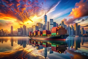 Fototapeta premium Surreal Container Shipping in Victoria Harbour, Hong Kong - Dreamlike Maritime Scene