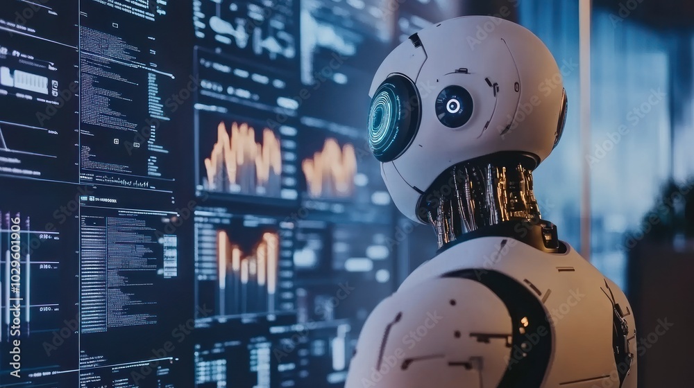 Fototapete a futuristic robot observes data on multiple screens.