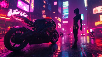 A futuristic city scene featuring a motorcycle and a silhouetted figure in neon lights and rain.