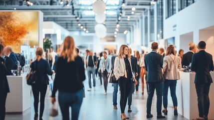 Professionals network and engage at a bustling industry conference in a modern venue filled with bright lights and creative displays