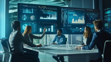 Diverse Professionals Collaborating in Modern Boardroom. Interactive Digital Screen Meeting.