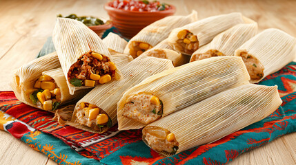 traditional tamales wrapped in corn husks, some opened to show filling, arranged on colorful cloth,