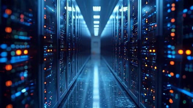 Data center hallway, database terminal storage, hardware server room, network cloud computing