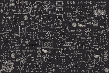 School-themed background with various formulas, drawings on geometry, chemistry, biology and physics. Back to school. School board with lessons written in crayon. Getting a scientific education.