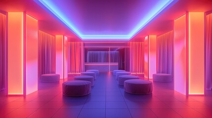 Neon lights illuminate a modern lounge with plush seating. .