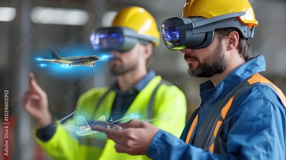 Poster Man in VR Headset Interacting with a 3D Airplane Model