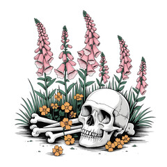 A line drawing of a skull and bones lying on the ground with primrose and foxglove flowers growing through them © Erkan