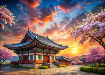 Fototapeta premium Surreal Korean Traditional House Amidst Floating Cherry Blossoms and Dreamy Landscapes