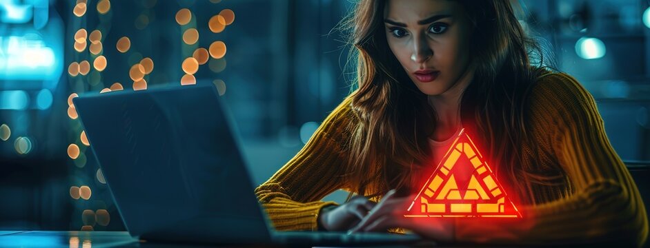 Woman working on laptop with glowing warning symbol on chest, concept for cybersecurity, online safety and digital alert