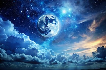 Surreal Night Sky with Dark Moon and Illuminated Clouds in Abstract Astronomy Landscape