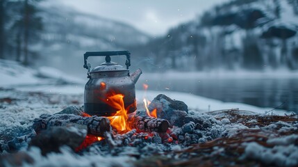 A kettle sits on glowing coals by a snowy lakeside, evoking warmth in a cold landscape.