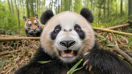Obraz premium Panda and tiger share a playful moment in a lush bamboo forest, AI