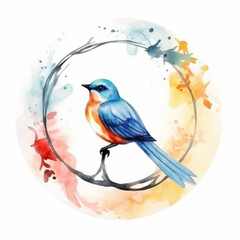 Watercolor Bluebird Illustration on Branch with Colorful Background - Artistic Nature Art for Home Decor and Crafts