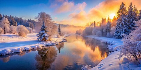 Surreal Winter Wonderland: Foggy Morning Landscape with Snowy Nature and Frosty River at Sunrise