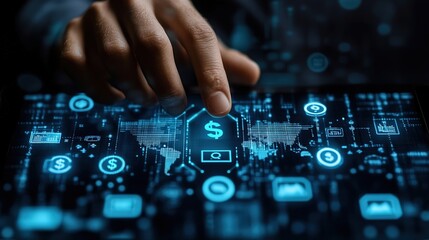 A hand hovers over a digital screen displaying a dollar sign and a world map. .