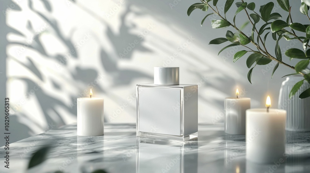 Canvas Prints A sophisticated fragrance bottle stands on a marble table surrounded by lit candles and green leaves, creating a serene and stylish atmosphere.