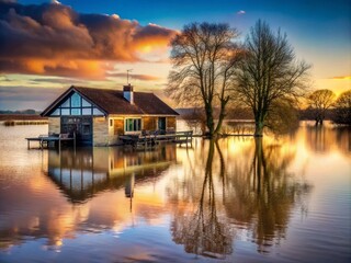 Fototapeta premium Thames River Flooding in Oxfordshire - Vintage Style Photography of a Restaurant Underwater After Heavy Winter Rainfall
