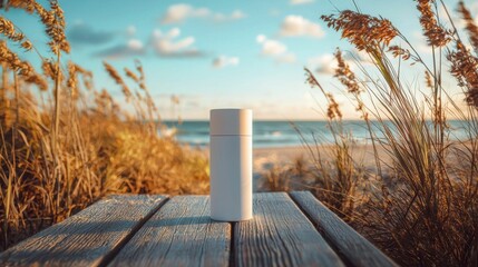 A minimalistic bottle placed on a wooden table by the beach, surrounded by tall grass and a stunning ocean view under the sunny sky. Perfect for outdoor branding.